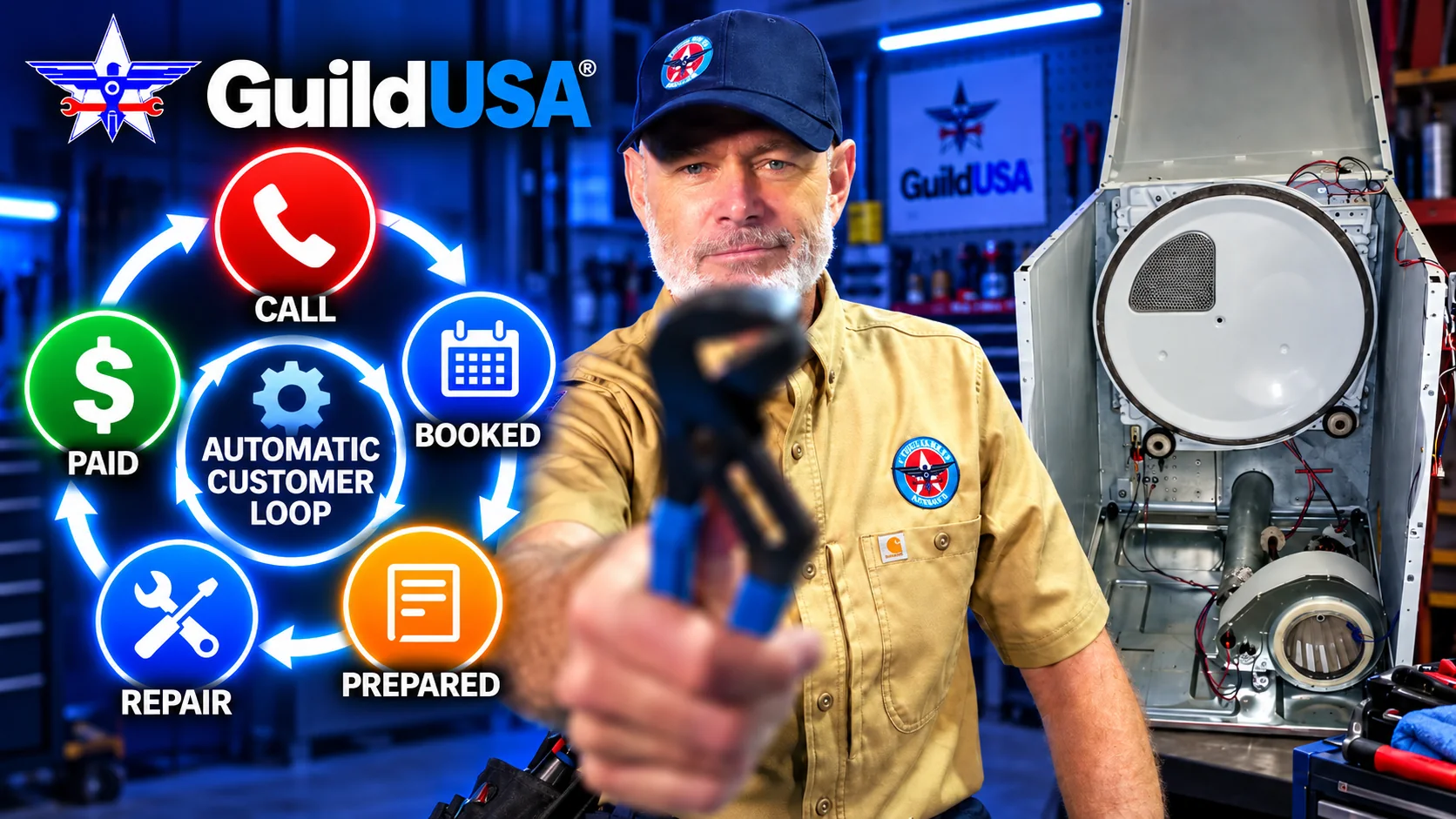 GuildUSA founder presenting the platform beside an appliance.