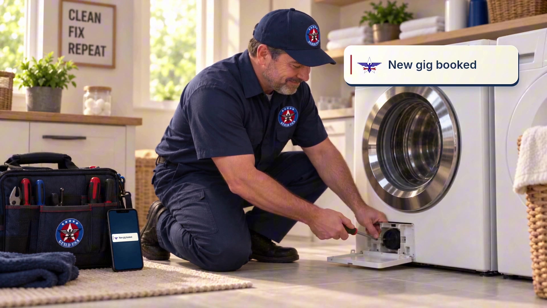 A GuildUSA technician works on an appliance as a new gig is booked.